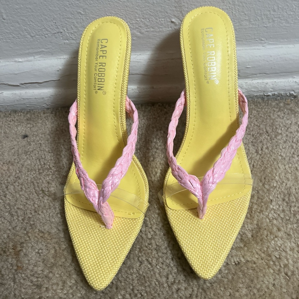 Cape Robbin Yellow Pointed-Toe Heeled Sandals with Pink Braided Straps